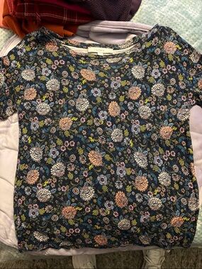 LOFT Navy Floral Short Sleeve Tee with Multicolor Blooms